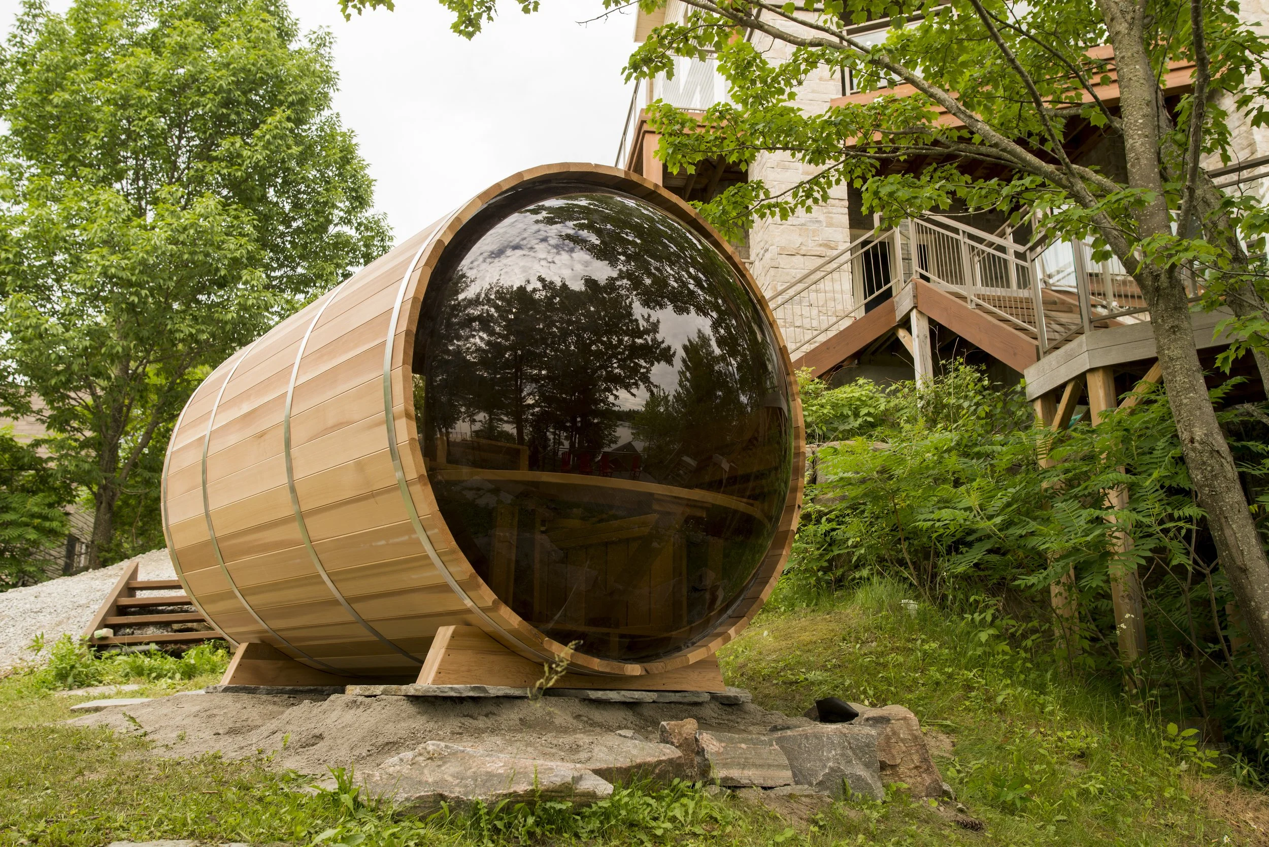 8’ Red Cedar panoramic Barrel Sauna by Lekker Studio